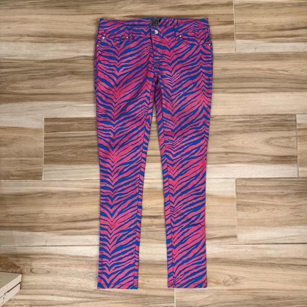 Tripp NYC Pink Blue Zebra Print Skinny Jeans Daang Goodman Skull Rivet Size 9